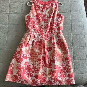 Tahari Coral and Cream Floral Dress with Metallic Detail